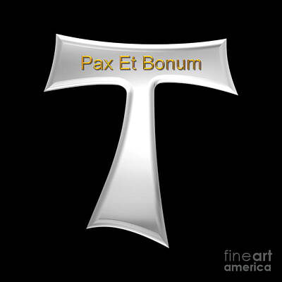 Roses Royalty-Free and Rights-Managed Images - 3D Look Franciscan Tau Cross Pax Et Bonum Silver and Gold Metallic by Rose Santuci-Sofranko