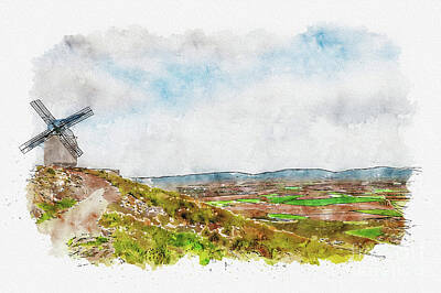 Landmarks Mixed Media Royalty Free Images - Aquarelle sketch art. Old windmill on the hill, sky with clouds. Consuegra, Spain Royalty-Free Image by Beautiful Things