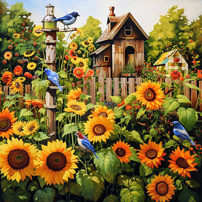 Sunflowers Digital Art - 4 Blue Birds Snnflower Garden by EML CircusValley