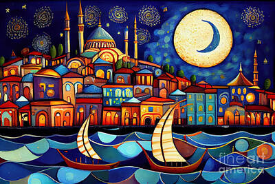 Movie Tees - Istanbul  Starry  Night  oil  painting  in  the  style  by Asar Studios by Celestial Images