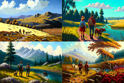 Landscapes Digital Art - landscape  hikers  animals  beautiful  day  oil  pain  by Asar Studios by Celestial Images