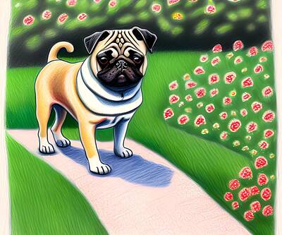 Mammals Digital Art - Pug Dog, Generative AI Illustration by Miroslav Nemecek
