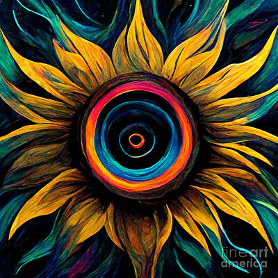 Abstract Flowers Digital Art Royalty Free Images - Rainbow sunflower Royalty-Free Image by Sabantha