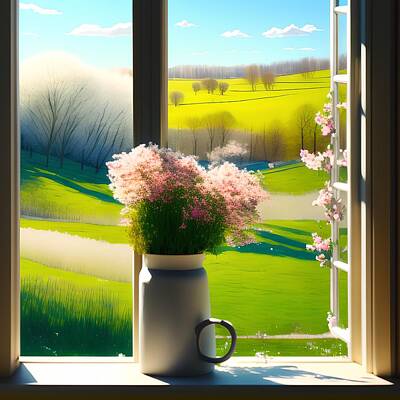 Whats Your Sign Royalty Free Images - View from Window of Spring Landscape, Generative AI Illustration Royalty-Free Image by Miroslav Nemecek