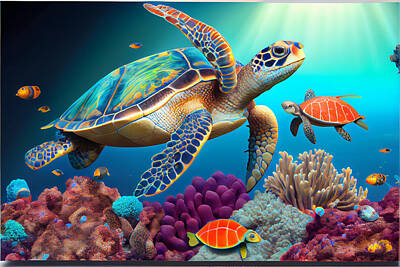Beach Paintings - Blue  Ocean  Sea  Turtle  and  baby  turtle  tortoise by Asar Studios by Celestial Images