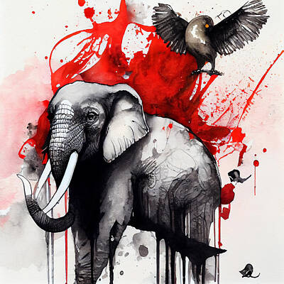 Animals Paintings - Elephant  and  ibis    concept  art  intricate  zen  ar  by Asar Studios by Celestial Images