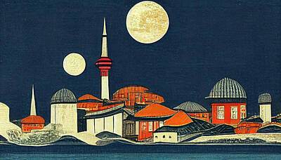 Modern Abstraction Pandagunda - Istanbul  at  night  full  moon  style  inspired  by  Utagawa  by Asar Studios by Celestial Images