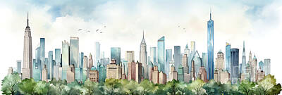 City Scenes Paintings - New York City USA skyline cityscape watercolor  by Asar Studios by Celestial Images