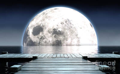 Beach Digital Art - Pier and Moon On Water Horizon by Allan Swart