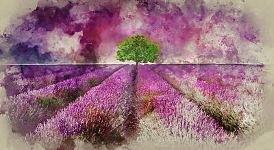 Stellar Interstellar Royalty Free Images - Watercolour painting of Stunning lavender field landscape Summer Royalty-Free Image by Matthew Gibson