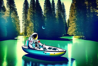 Science Fiction Digital Art - Astronaut on River, Generative AI Illustration by Miroslav Nemecek