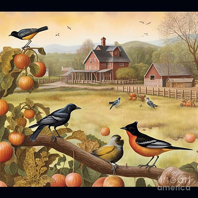 Animals Paintings - Birds  at  the  farm  by Asar Studios by Celestial Images