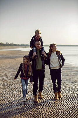 Target Project 62 Abstract - Family In A Leather Jacket Walks Along The Beach With Their Dog by Elena Saulich