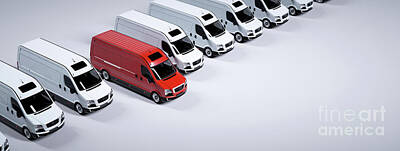 Transportation Royalty Free Images - Red commercial van and fleet of white trucks. Transport. Transport and shipping Royalty-Free Image by Michal Bednarek