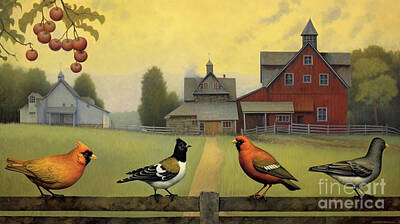Animals Paintings - Birds  at  the  farm  by Asar Studios by Celestial Images