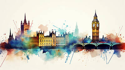 London Skyline Royalty-Free and Rights-Managed Images - London Skyline Watercolour #08 by Stephen Smith Galleries