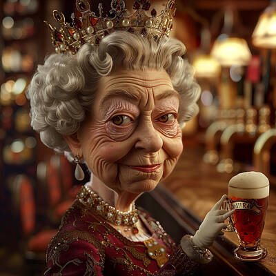 Food And Beverage Mixed Media Rights Managed Images - Queen Elizabeth II Caricature Royalty-Free Image by Stephen Smith Galleries