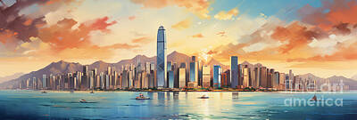 Mountain Paintings - Hong Kong China With its iconic Victoria by Asar Studios by Celestial Images