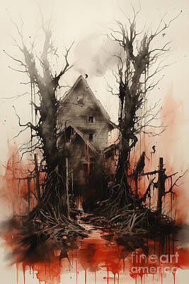 Rustic Cabin - Horror Scene Artwork hyperrealistic watercolor  by Asar Studios by Celestial Images