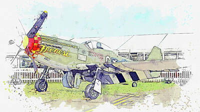 Driveby Photos - North American P-D Mustang Toulouse Nuts , Vintage Aircraft - Classic War Birds - Planes watercolor  by Celestial Images