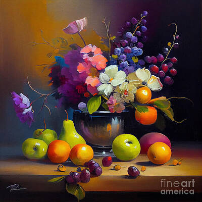 Still Life Digital Art Royalty Free Images - Still  Life  Fruits  and  Flowers  oil  on  canvas by Asar Studios Royalty-Free Image by Celestial Images
