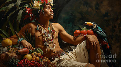 Surrealism Painting Royalty Free Images - Young handsome Mayan warrior athlete body by Asar Studios Royalty-Free Image by Celestial Images