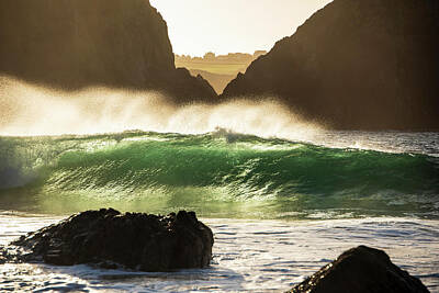 Vintage State Flags - Majestic landscape image of jade turquoise waves crashing onto s by Matthew Gibson