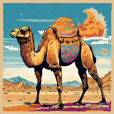 Landscapes Drawings - A Bactrian Camel lumbering across the rugged stellar landscapes of the Gobi Desert by Clint McLaughlin