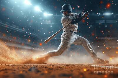 Baseball Photos - A baseball player energetically swings a bat on top of a stadium field. by Joaquin Corbalan