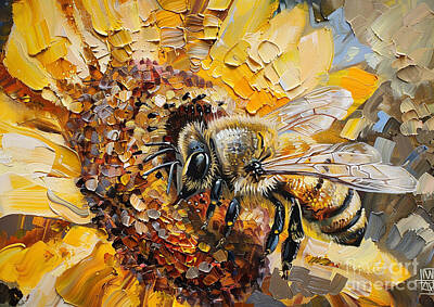 Sunflowers Paintings - A bee collecting nectar from a sunflower by Donato Williamson