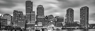 Glass Of Water - A Black and White Panorama Of The Boston Skyline From The Harborwalk Waterfront by Gregory Ballos