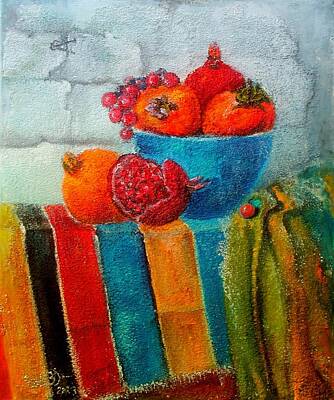 Still Life Drawings - A bowl of autumn gifts by Valentina Manavska