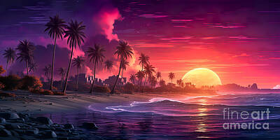 Beach Royalty Free Images - A breathtaking sunset bathes a tropical beach in vivid hues of purple and pink Royalty-Free Image by Odon Czintos