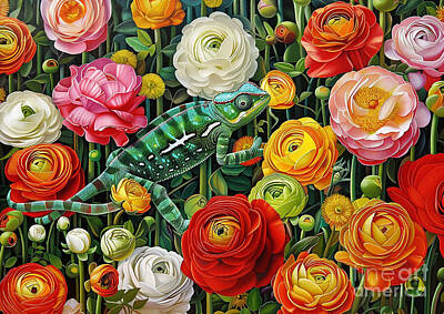 Roses Paintings - A chameleon changing colors among a vibrant array of ranunculus by Donato Williamson