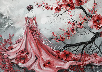 Roses Paintings - A cherry blossom-inspired fashion design, elegant and feminine, capturing the essence of spring by Donato Williamson