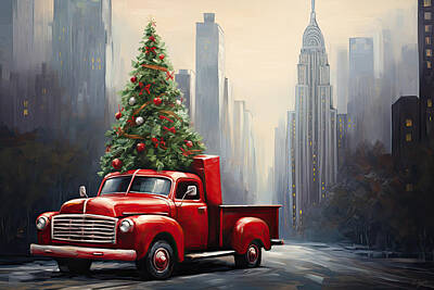 City Scenes Paintings - A Christmas Truck Delivering Christmas Presents in New York City by Lourry Legarde