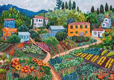 Food And Beverage Paintings - A community garden with plots tended by various hands by Donato Williamson