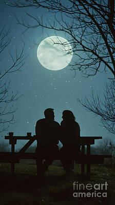 Landscapes Paintings - a couple sits at a picnic table under the moon  by Asar Studios by Celestial Images