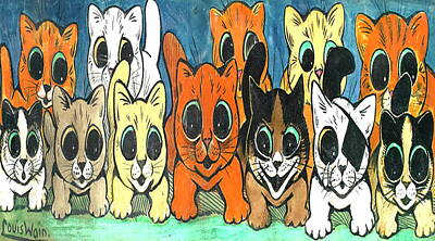 Mammals Drawings - A Crowd Of Cats Illustration By Louis Wain by Louis Wain