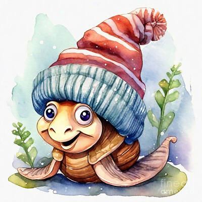 Animals Drawings - A cute Garden Snail with a Santa Hat by Adrien Efren