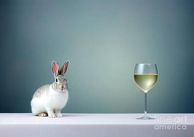 Wine Digital Art - A cute gray bunny and a glass of white wine. by Odon Czintos