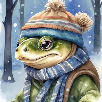 Reptiles Drawings Royalty Free Images - A cute Softshell Turtle Wrapped in a Scarf Royalty-Free Image by Adrien Efren