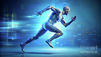 Athletes Digital Art - A digital humanoid figure appears in mid-sprint, embodying both speed and technology by Odon Czintos