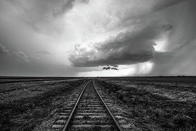 Abstract Stripe Patterns - A Dreamers Journey - Storm Over Railroad Tracks in Kansas in Black and White by Southern Plains Photography