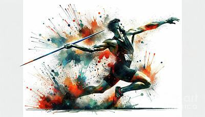 Athletes Digital Art - A dynamic and colorful depiction of an athlete in mid throw captures the energy of the javelin event by Odon Czintos