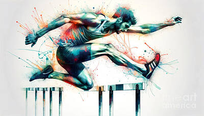 Athletes Digital Art - A dynamic athlete is captured in mid-motion, leaping over hurdles with a trail of vibrant, splashy  by Odon Czintos