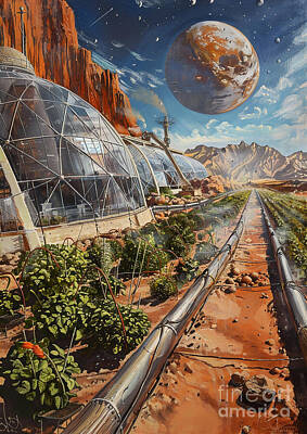 Food And Beverage Paintings - A farm on Mars, inside a biodome, where astronauts grow food for long space missions by Donato Williamson