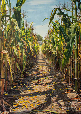 Food And Beverage Paintings - A farm with a maze made of tall corn stalks, featuring hidden educational puzzles about agriculture by Donato Williamson
