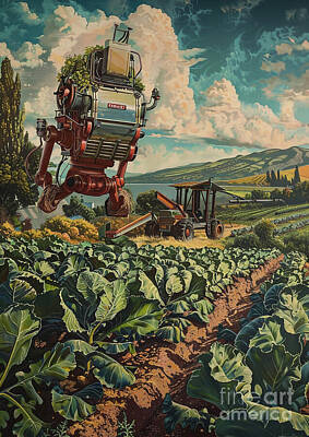 Food And Beverage Paintings - A farmer harvesting vegetables in a home garden with the help of agricultural robots by Donato Williamson