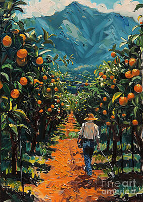 Food And Beverage Paintings - A farmer tending to an orchard of fruit trees, with a focus on sustainable pest control by Donato Williamson